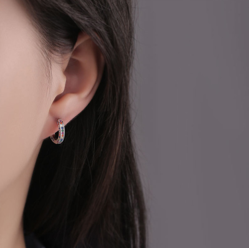 925 Sterling Silver Plated Colorful Cz Tube Huggie Hoop Earrings Women Girl E8
