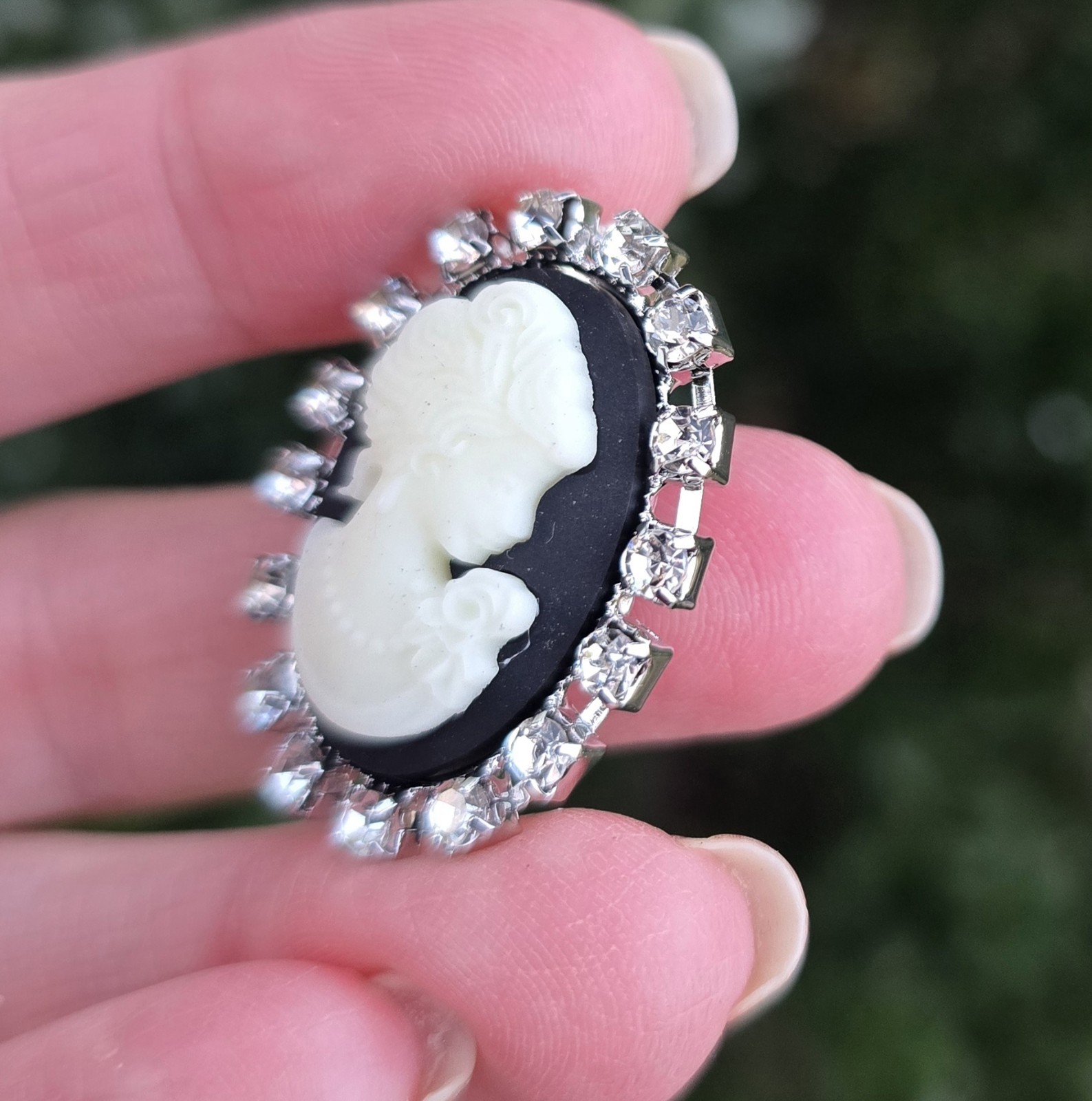 MAGNETIC Cameo Brooch, Black, Cream silver rhinestone framing. Victorian jewelry