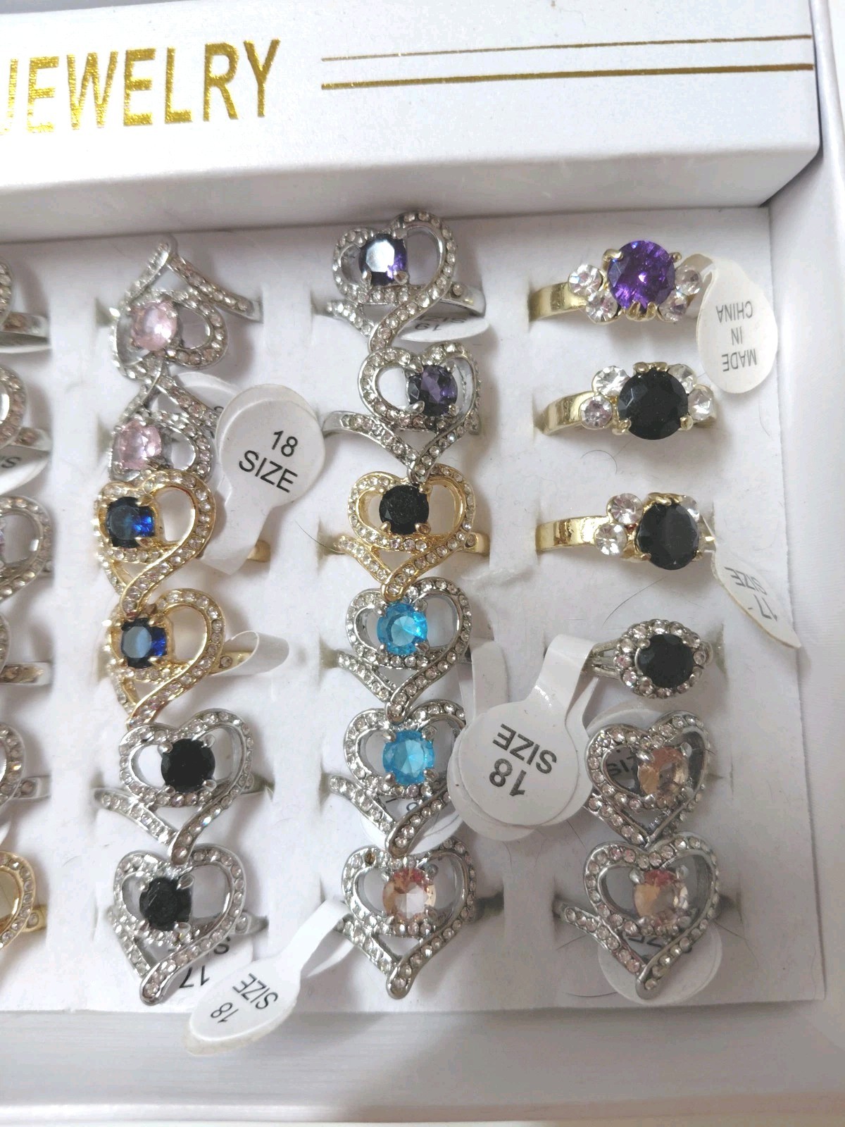 36 Pc Fashion Jewelry Ring Lot Heart Rhinestone Crystal Mixed Sizes 17 18 19 New