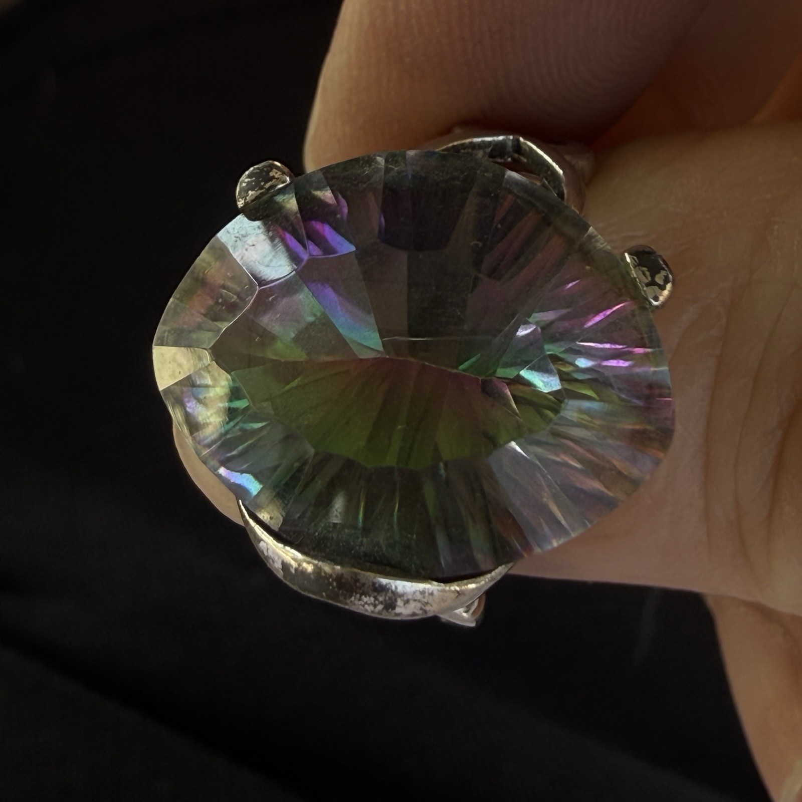 LUCCN Sterling Silver Floral Shank Large Oval Brilliant Mystic Topaz Ring Size 7