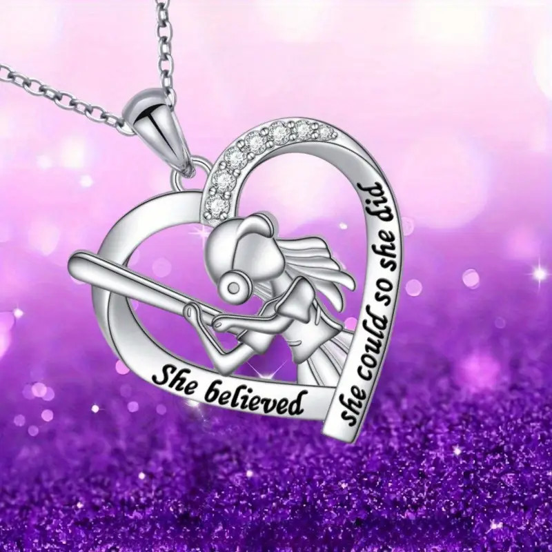 Softball Baseball Heart Jeweled Necklace Jewelry Sports Athletic Fitness Pendant