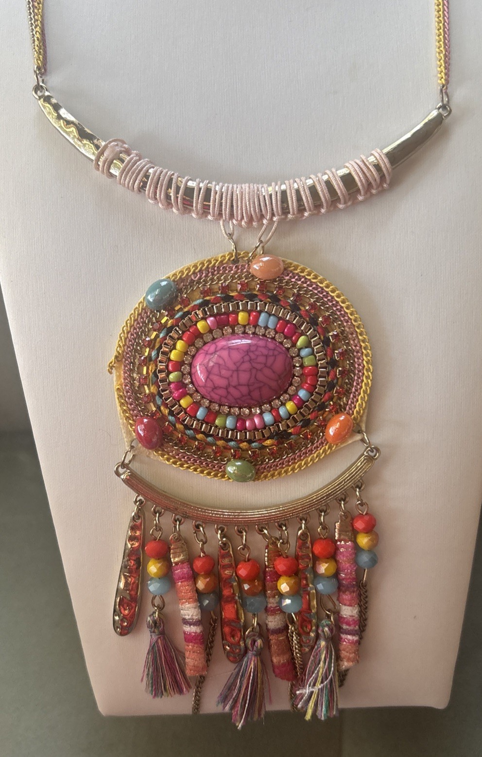 Boho Southwest Tassel Statement Necklace Colorful Beaded Bib Summer Color