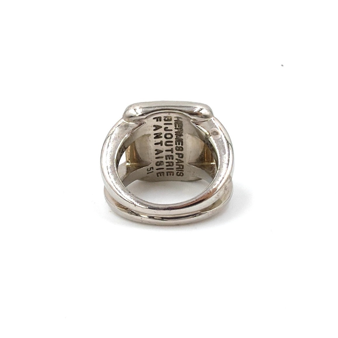 Hermes Serie Sellier Mother of Pearl Shell Square Ring Silver Size 51 10.8g Auth