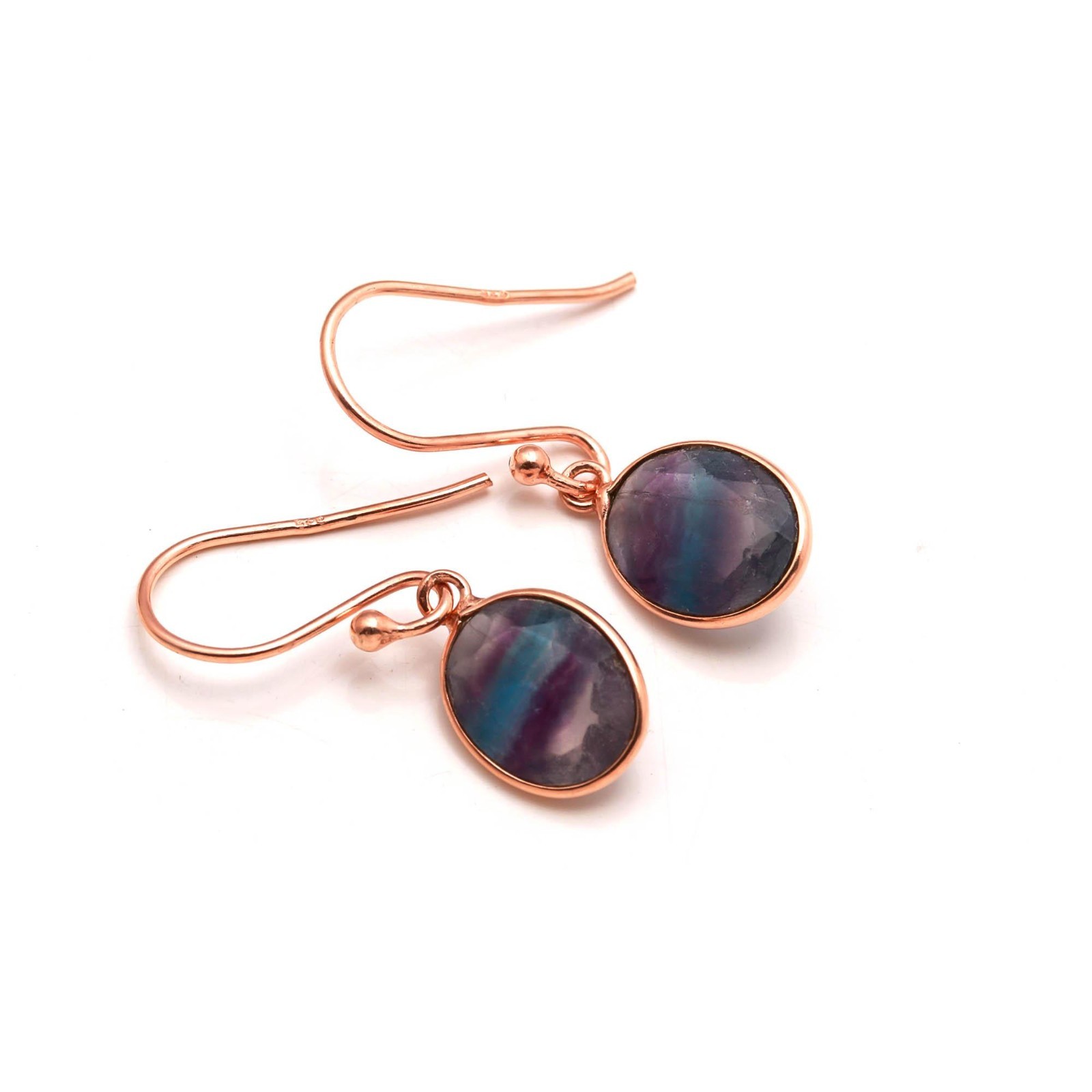 Natural Fluorite Oval Dangle Earrings Rose Gold Fill 925 Sterling Silver Jewelry