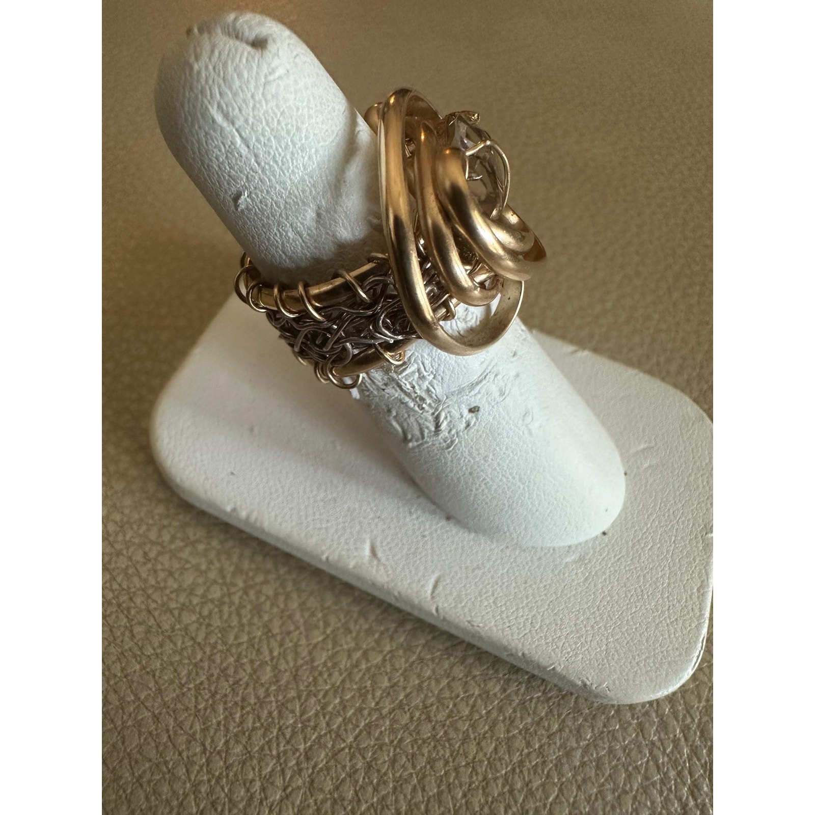 Crystalline Stone wrapped in 14kt Gold Fill Wire Fine Silver Crochet Band Size 6