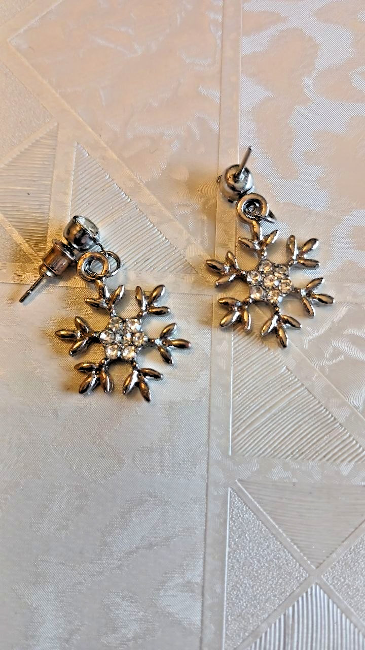 Silver Snowflake Earrings Crystal Rhinestone Winter Drop Dangle Christmas Gift