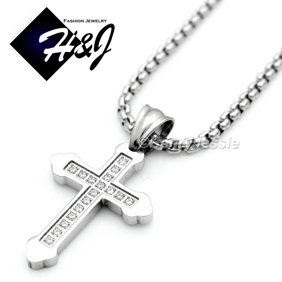 18″Stainless Steel 2mm Silver Box Chain Bling Cubic Zirconia Cross Pendant*P53