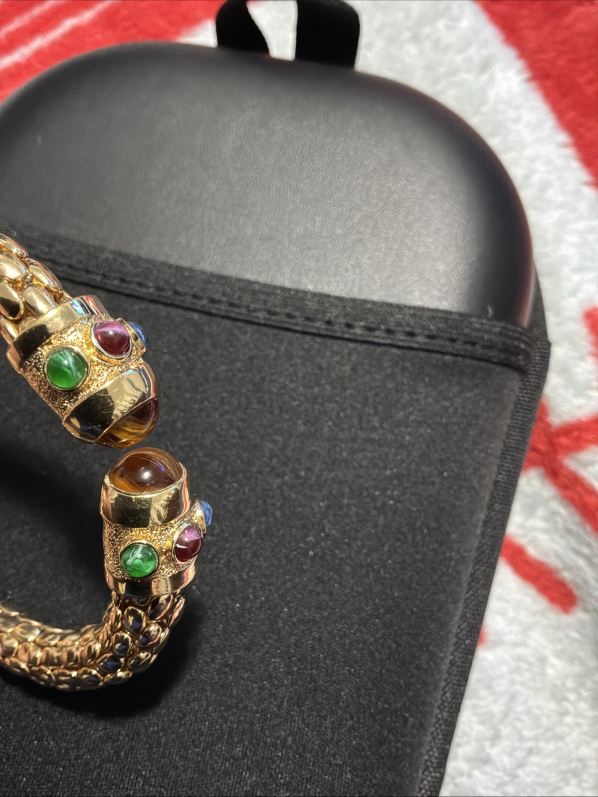 Vintage Runway Gold Tone Red Blue Green Glass Snake Skin Open Cuff Bracelet