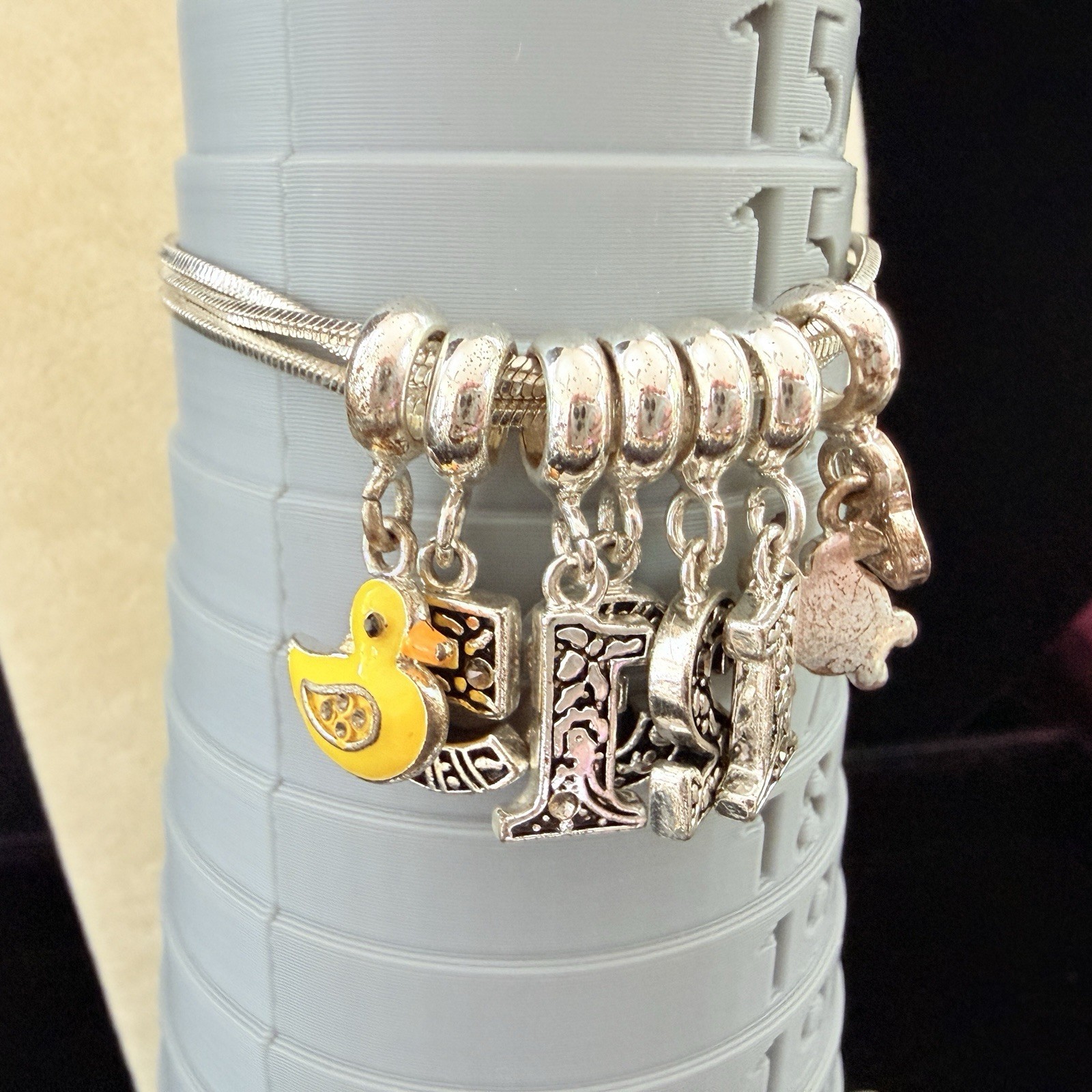 ADORABLE GREEN RHINESTONE & YELLOW ENAMEL BIRTHDAY, DUCK, TURTLE CHARM BRACELET-