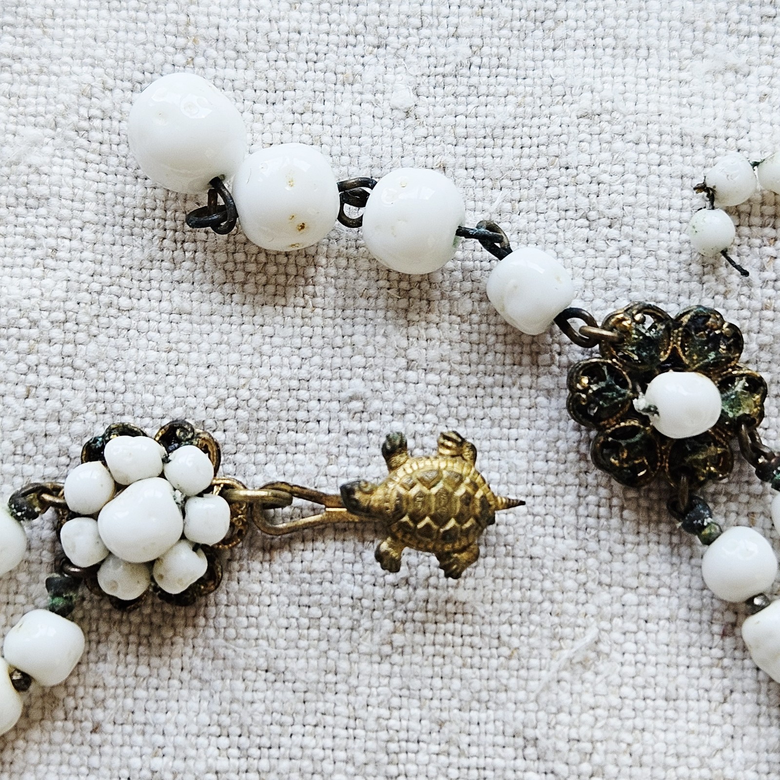 Unsigned Miriam Haskell Floral Pendant Double Strand Milk Glass Beaded Necklace