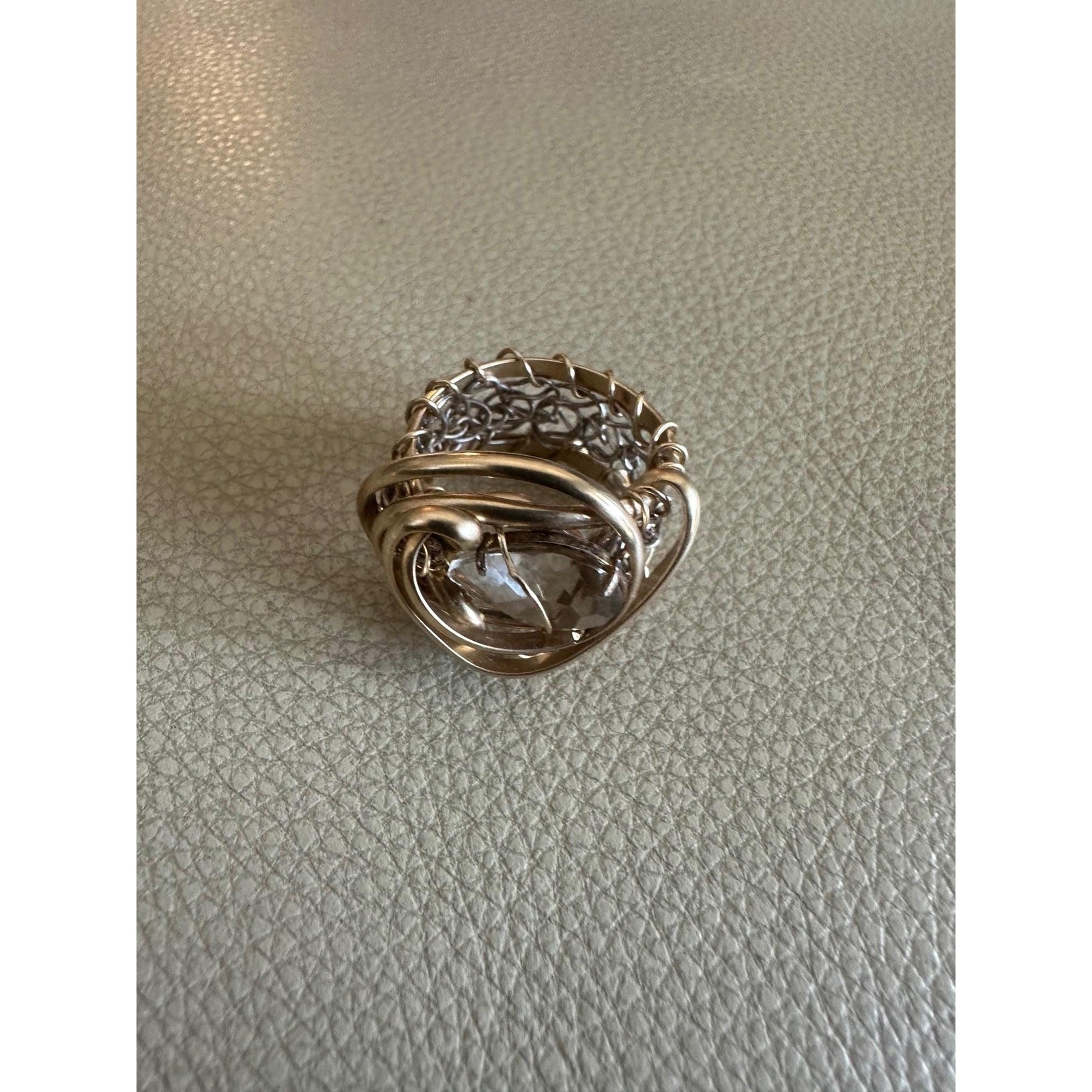 Crystalline Stone wrapped in 14kt Gold Fill Wire Fine Silver Crochet Band Size 6