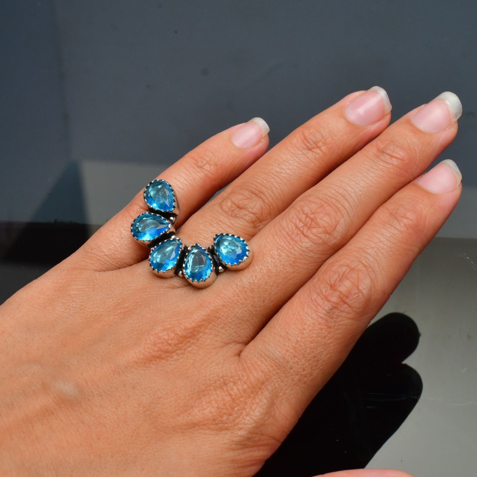 Blue Topaz (Lab-Created)Gemstone 925 sterling silver Handmade Ring- All Size