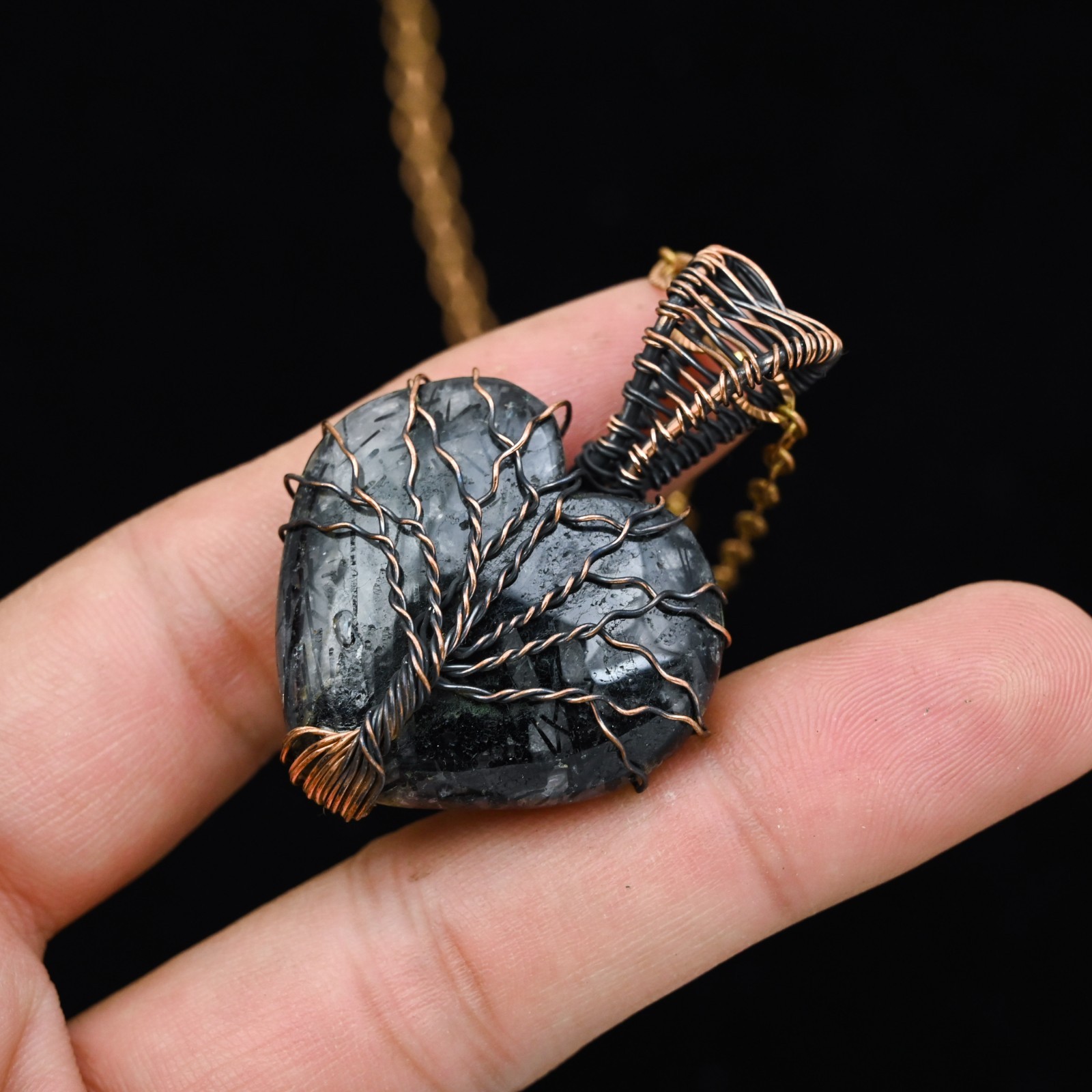 Copper Wire Wrapped Black Rutile Heart Pendant Tree of Life Artisan Necklace