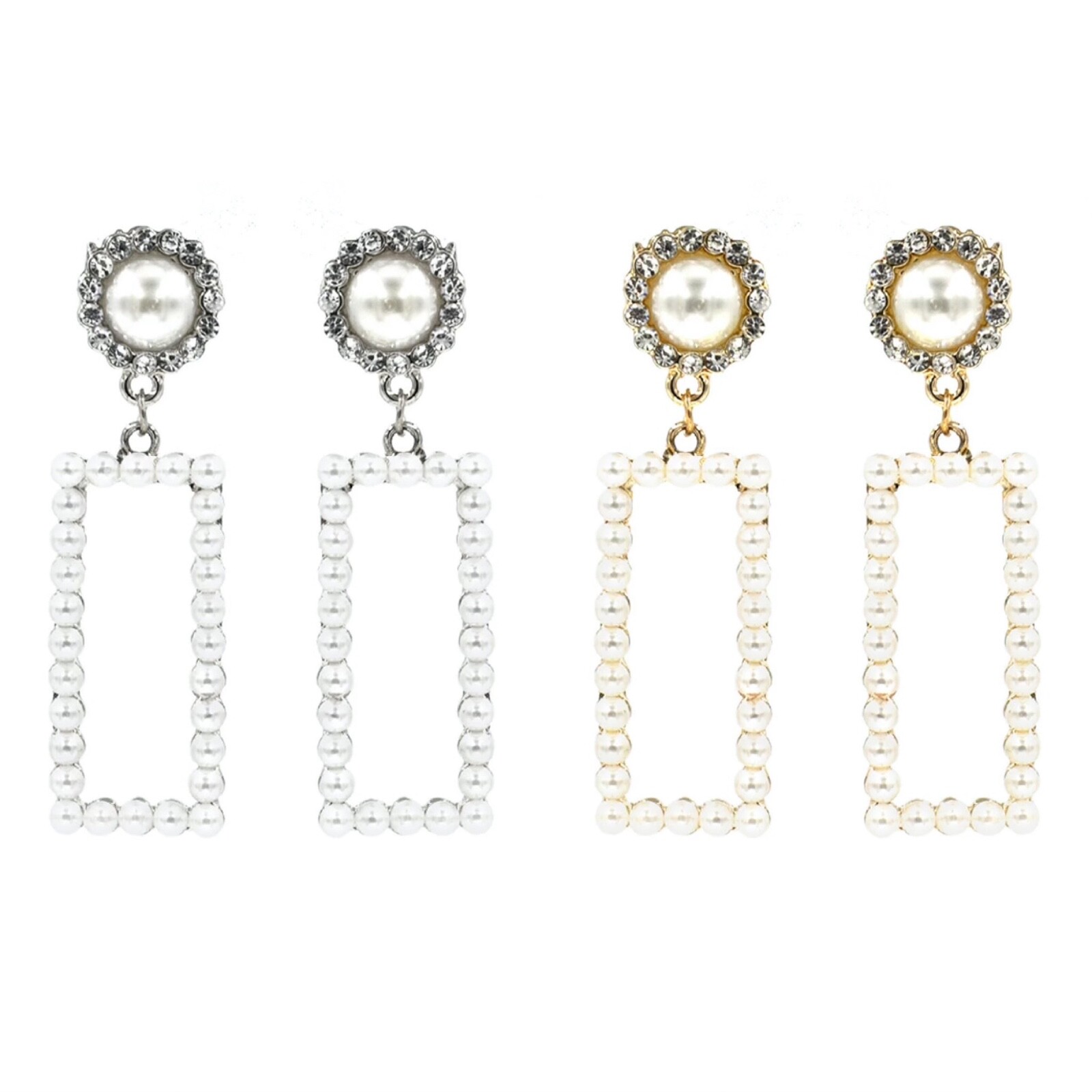 Round Top Rectangle Drop Pearl Earrings in Silver or Gold (0.59×2.02in)