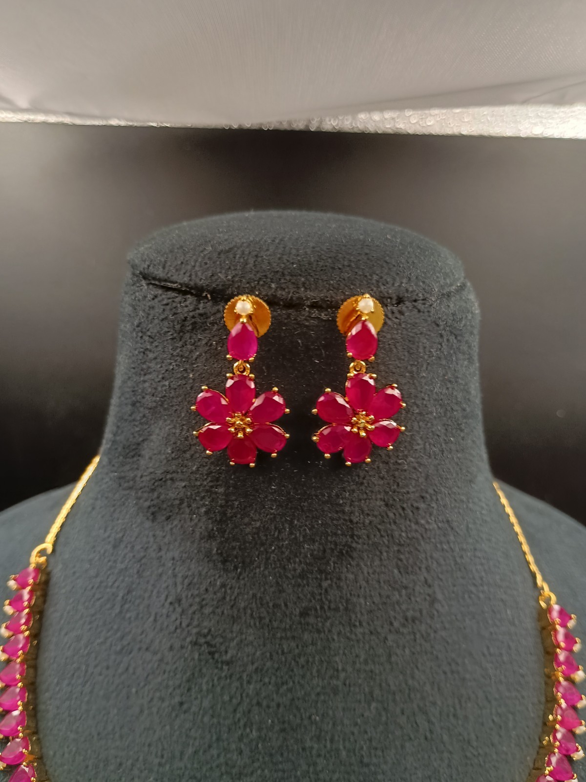Ruby Pearl Necklace Set 22K Gold Plated Red Gemstone Anniversary Gift her