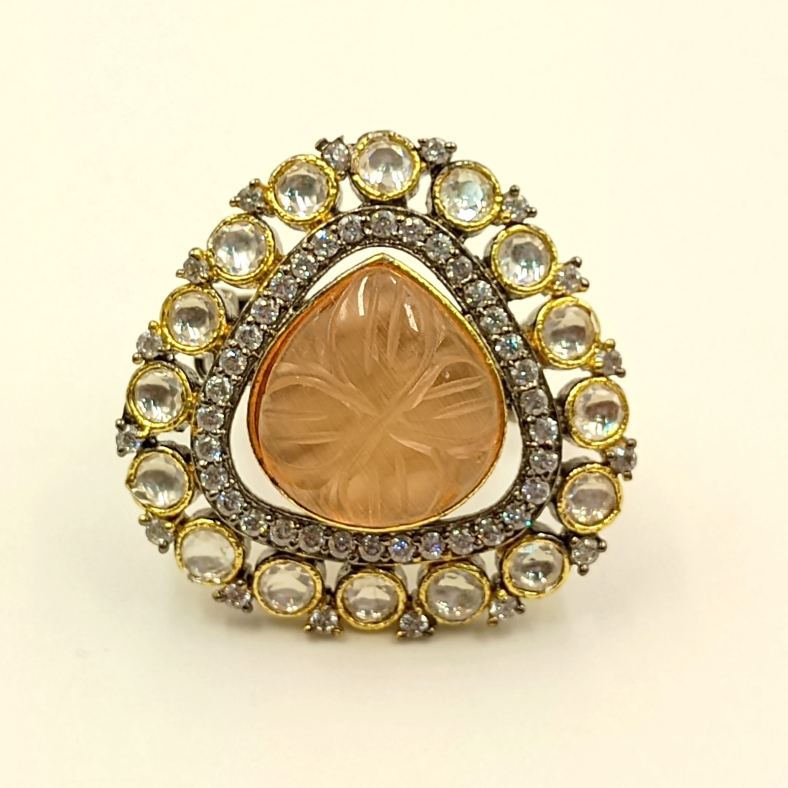 Artisan Rose Quartz Ring Cubic Zirconia Black Rhodium Plated Statement Jewelry