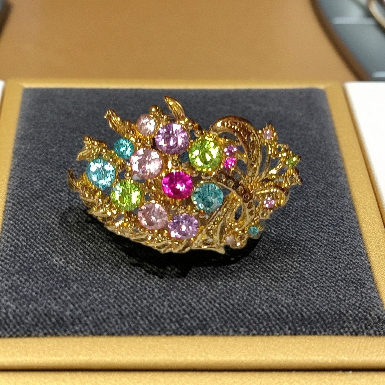 Gold Tone Multicolor Crystal Cocktail Ring, Prong Set Asymmetrical Adjustable