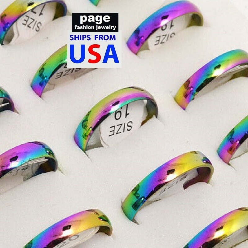 US Seller- Colorful Rounded Stainless Steel 4mm Comfort Fit Band Ring Size 5 -11