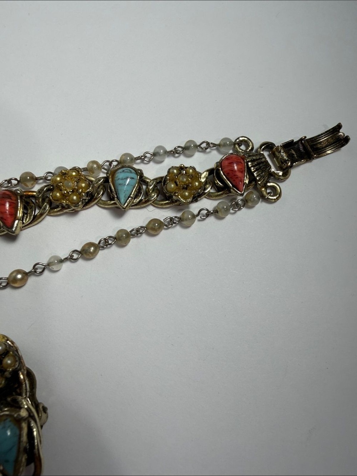 Vintage Gold Tone Faux Turquoise Coral Cabochon Bracelet Earring Set BOHO