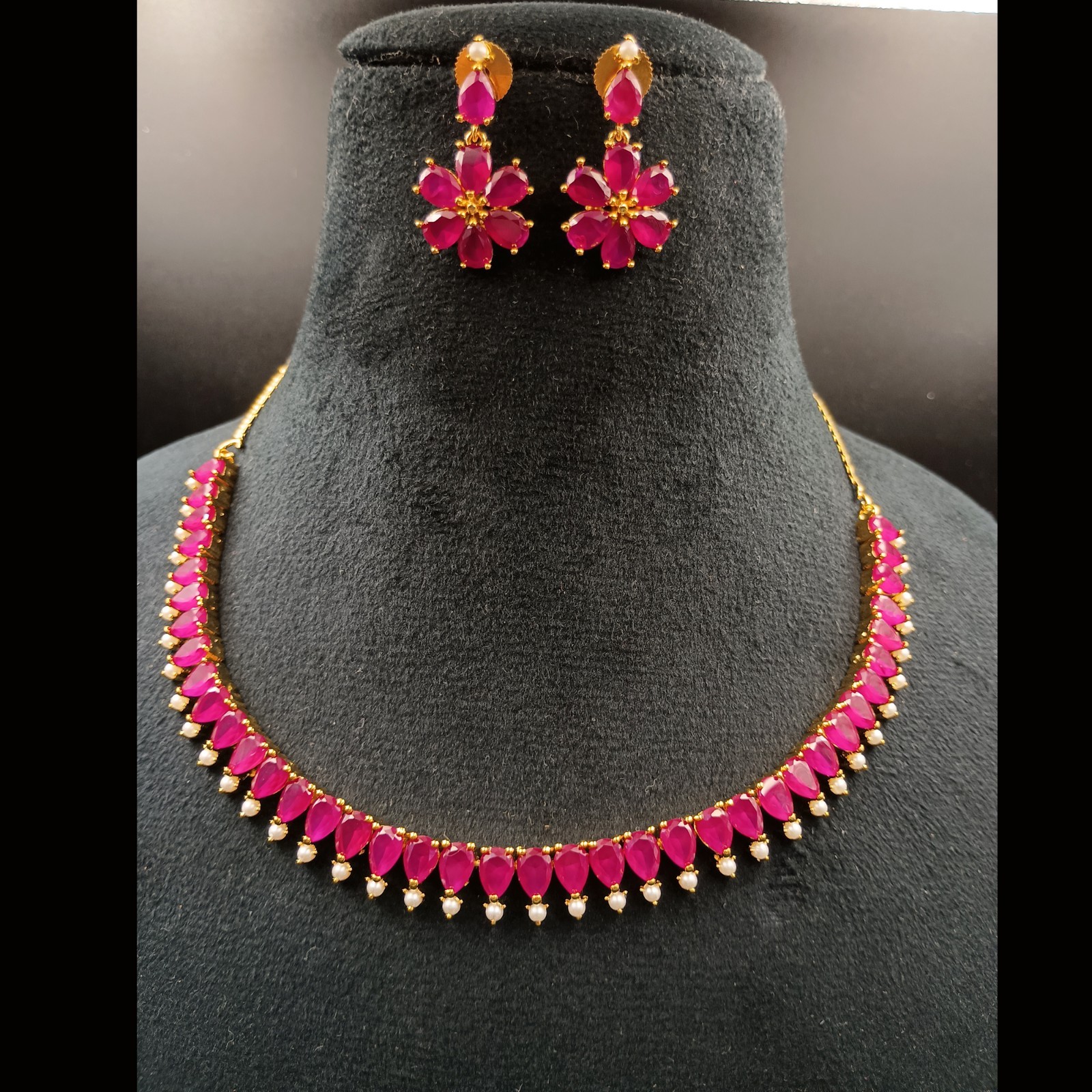 Ruby Pearl Necklace Set 22K Gold Plated Red Gemstone Anniversary Gift her