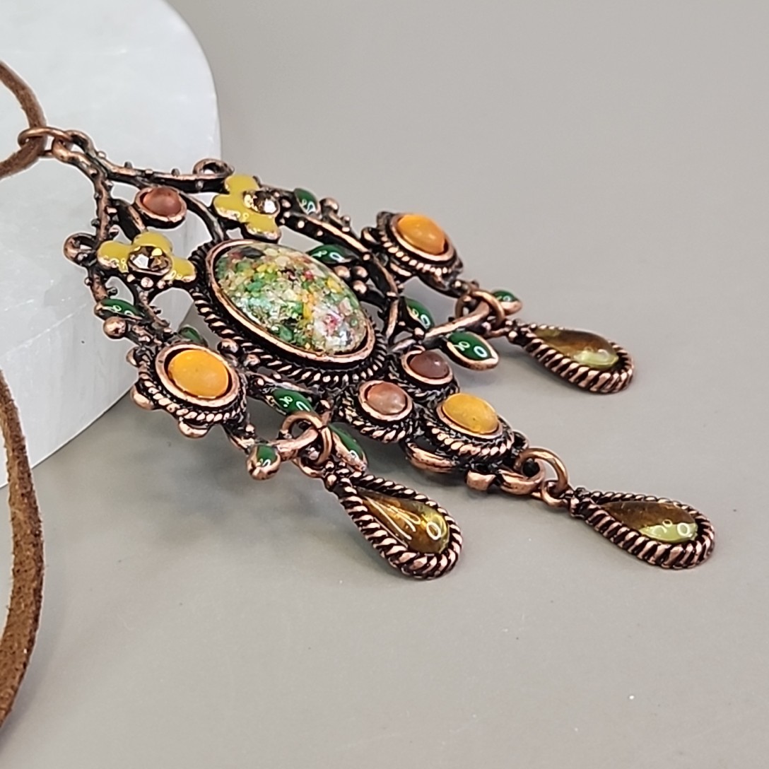 Art Nouveau Revival Pendant Necklace Speckled Oval Brown Suede Cord 20″