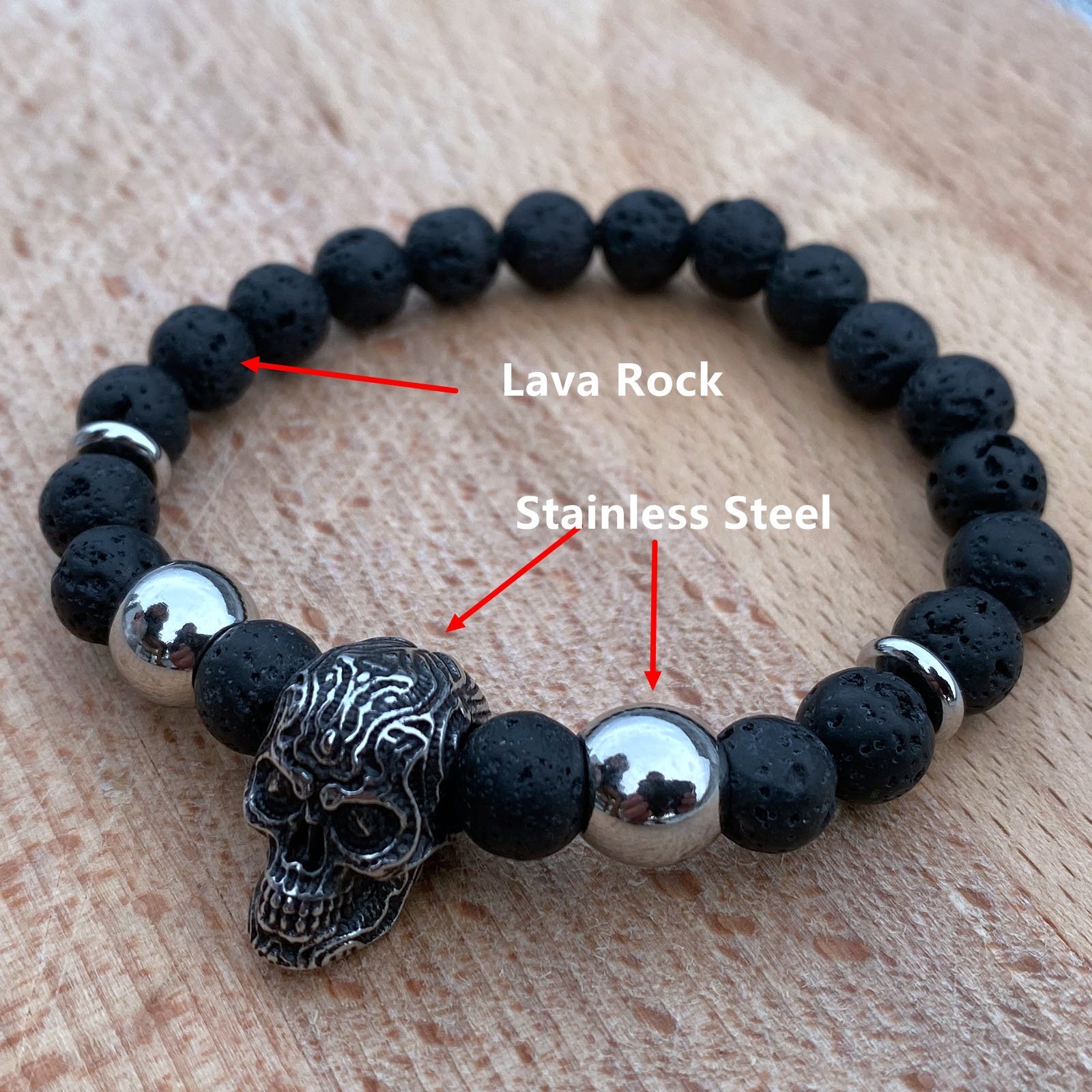 MENDEL 7 Inch Mens Lava Stone Rock Beads Skull Biker Cuff Bracelet Men Stainless