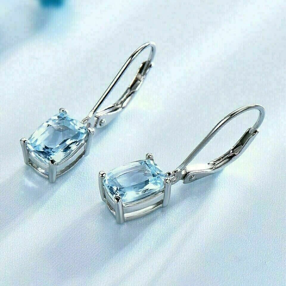 2Ct Cushion Cut Simulated Aquamarine Drop Hook Earring In 14K White Gold Plated