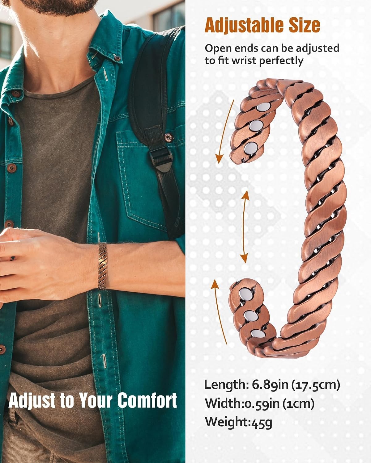 Stylish Copper Magnetic Therapy Bracelet with Fine 999 Stamp – Adjustable Size