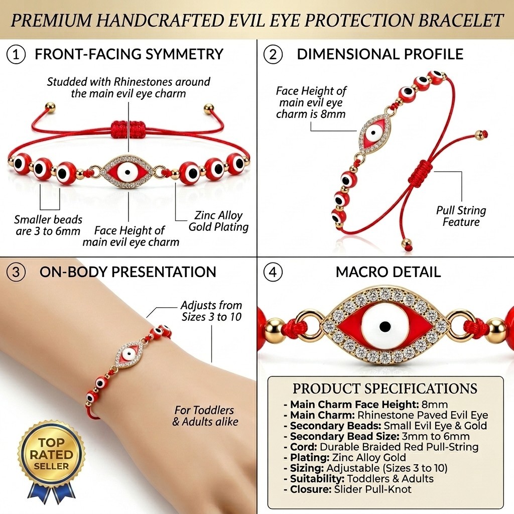 Evil Eye Protection Bracelet Kids Adults Red Nazar Bead Adjustable Gold Tone