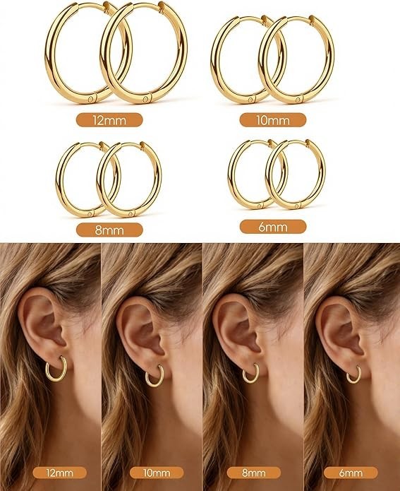 Small Huggie Hoop Earrings for Women Men, 4 Pairs Silver 14K Gold Plated 316L Su