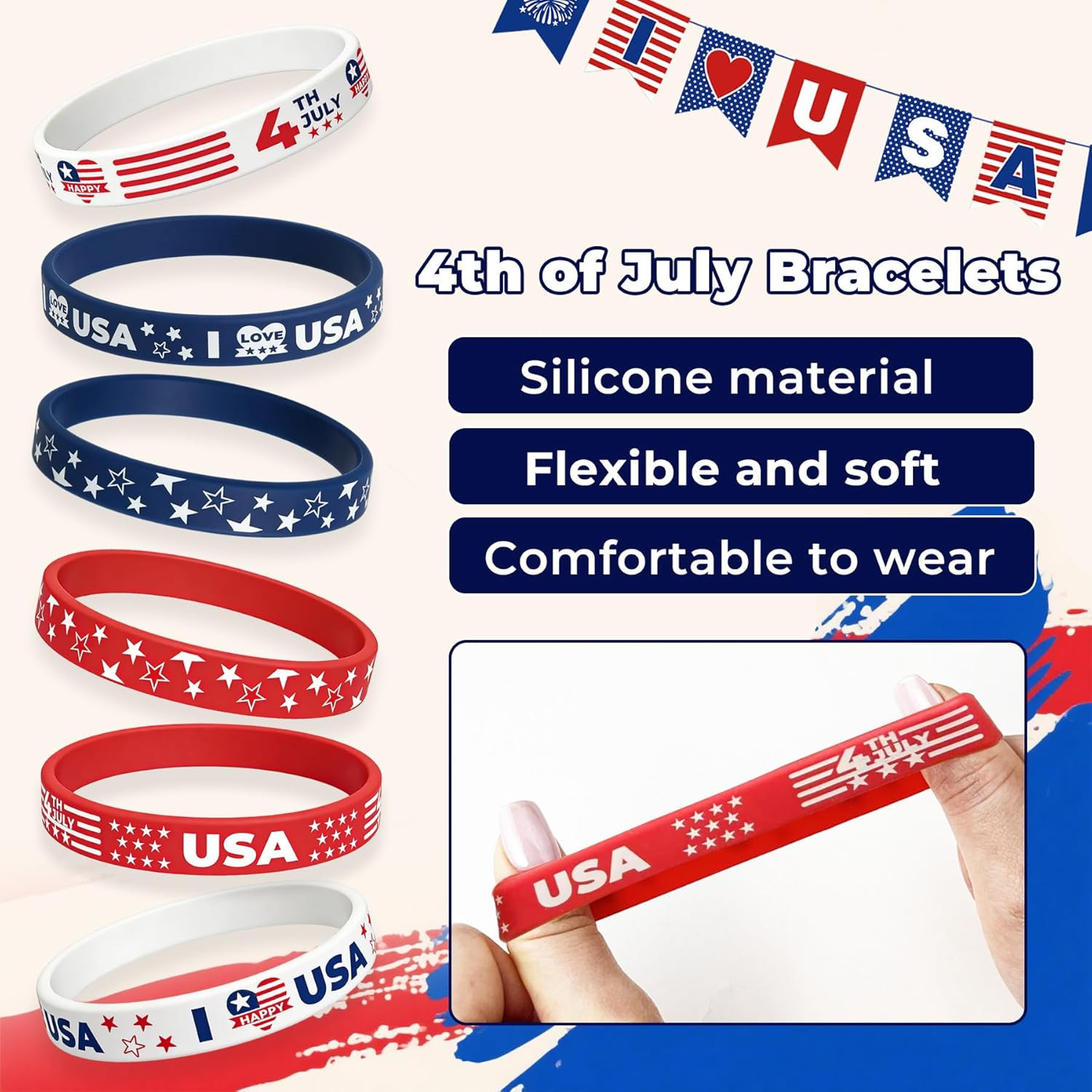 American Flag Silicone Bracelet 18 Pcs 4Th of July Patriotic Wristbands Red Whit