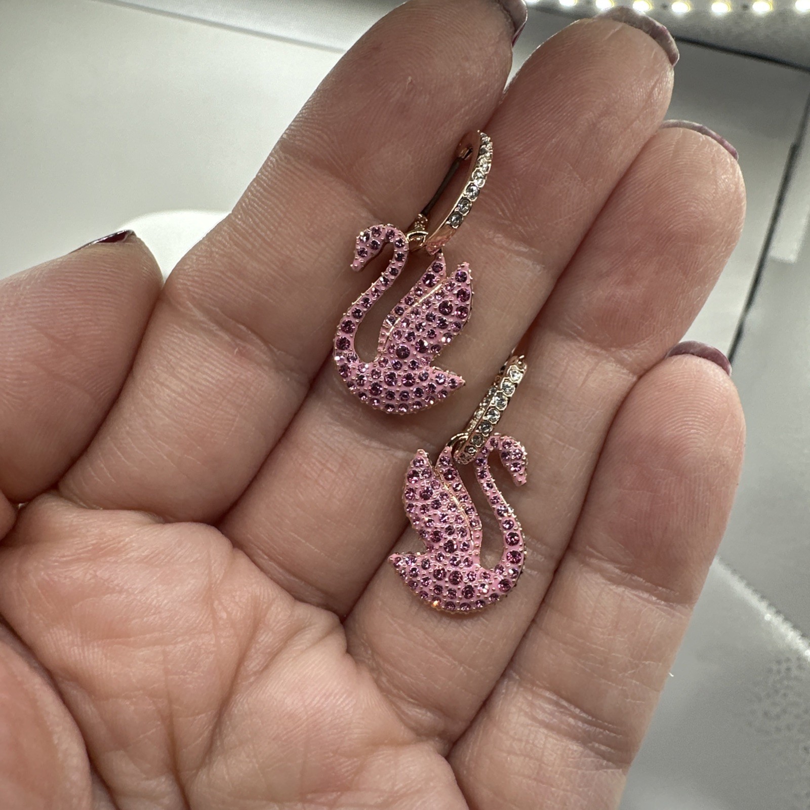 Swarosvki, Classic Swan Pink Crystals and Pink Rose Earrings Gold Plated New