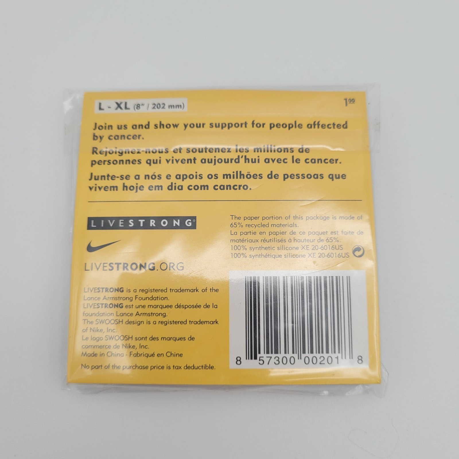 Nike LiveSTRONG Authentic Wristband Bracelet NEW (Size L-XL) 8″/202 mm