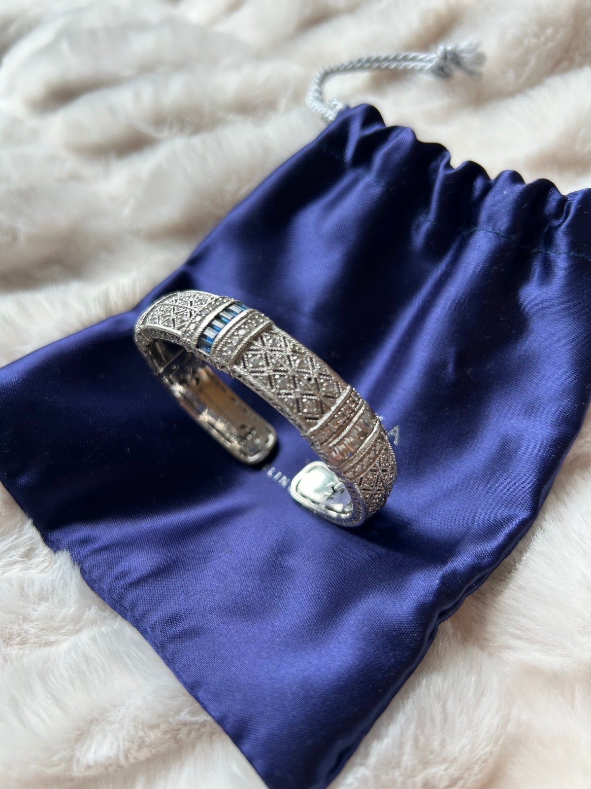 Judith Ripka Sterling Silver 925 CZ and Sapphire Hinged Cuff Bracelet Small
