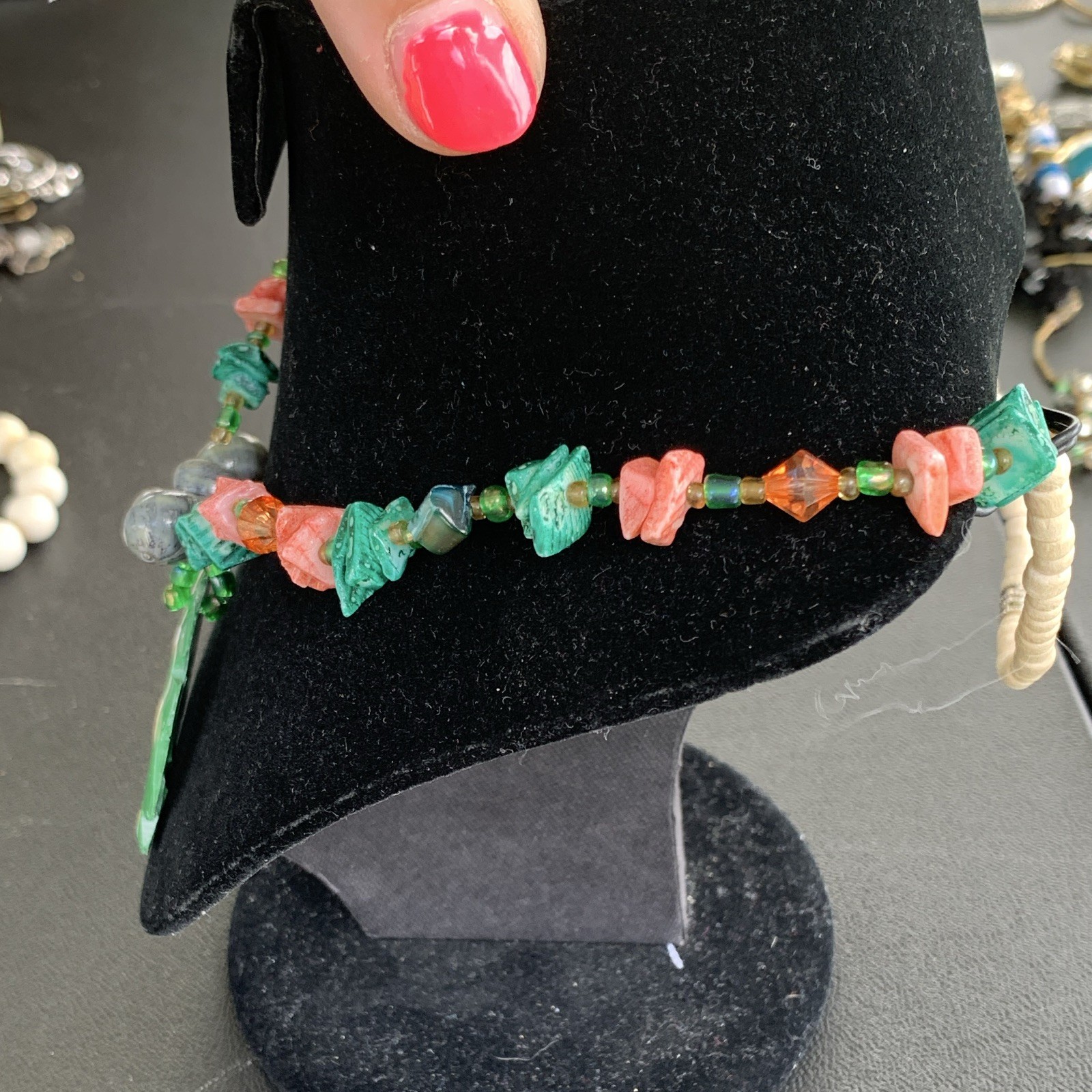 Green & Pink Glass Stone Beaded Necklace Flower Charm Pendant White Accents