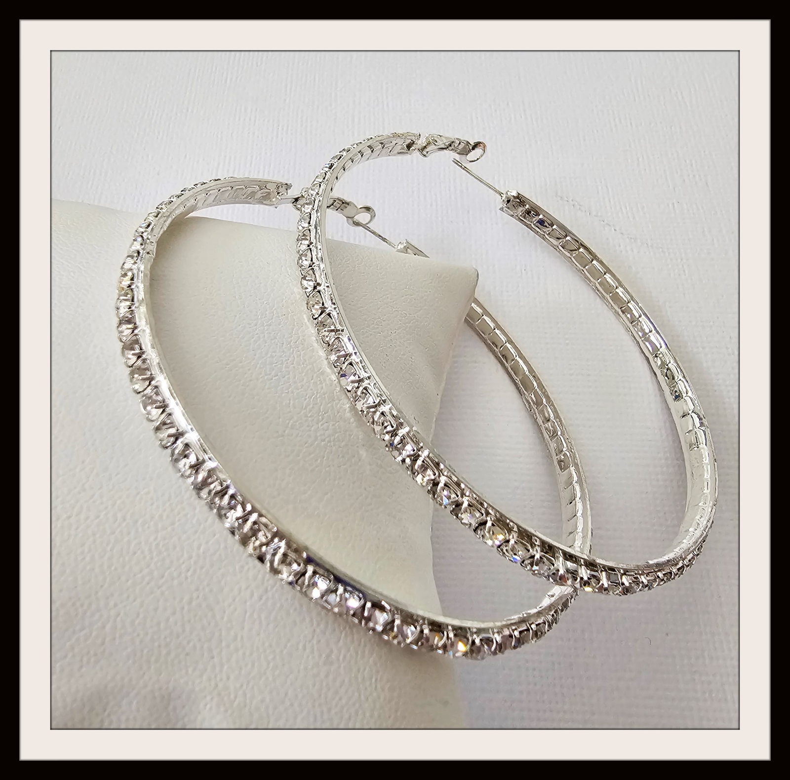 Clear Crystal Channel Set Hoop Earrings 2.5″ Diameter Hoops Single Line Silver