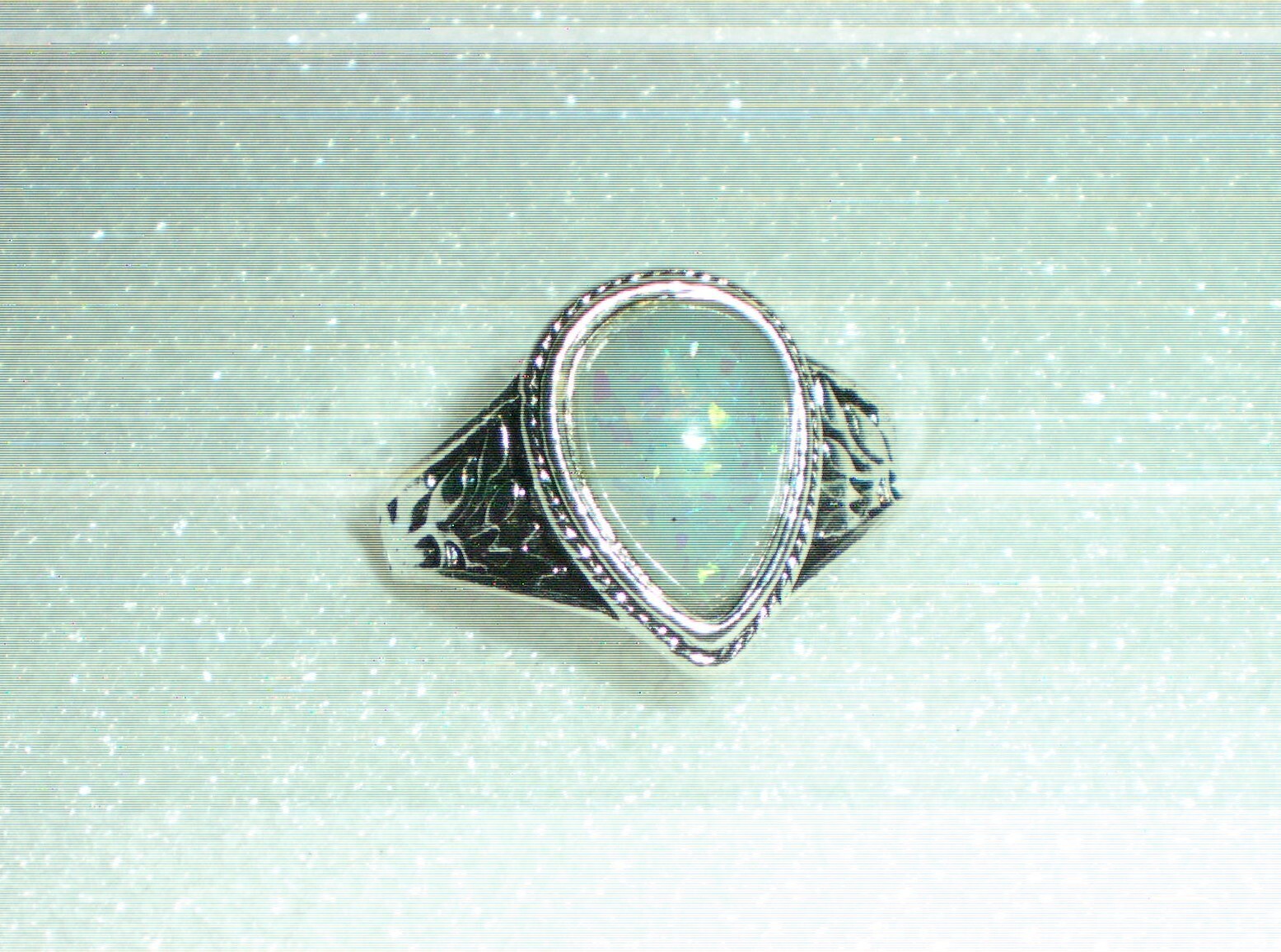 New Lovely Silvertone Pear-Shaped Synthetic Opal Ring Size 7.25