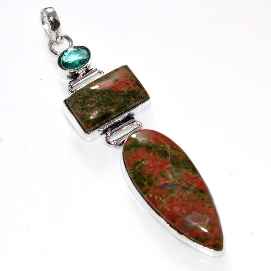 Long Unakite Green Topaz 925 Silver Plated Pendant 3.1″ Limited Stock Deal MJ
