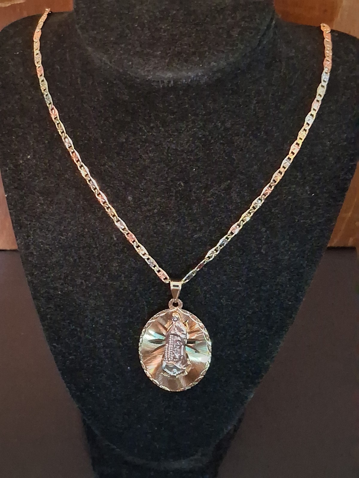 Virgin of Guadalupe Pendant, 24″ Valentino Link Chain, Gold-Plated & Tri-Tone