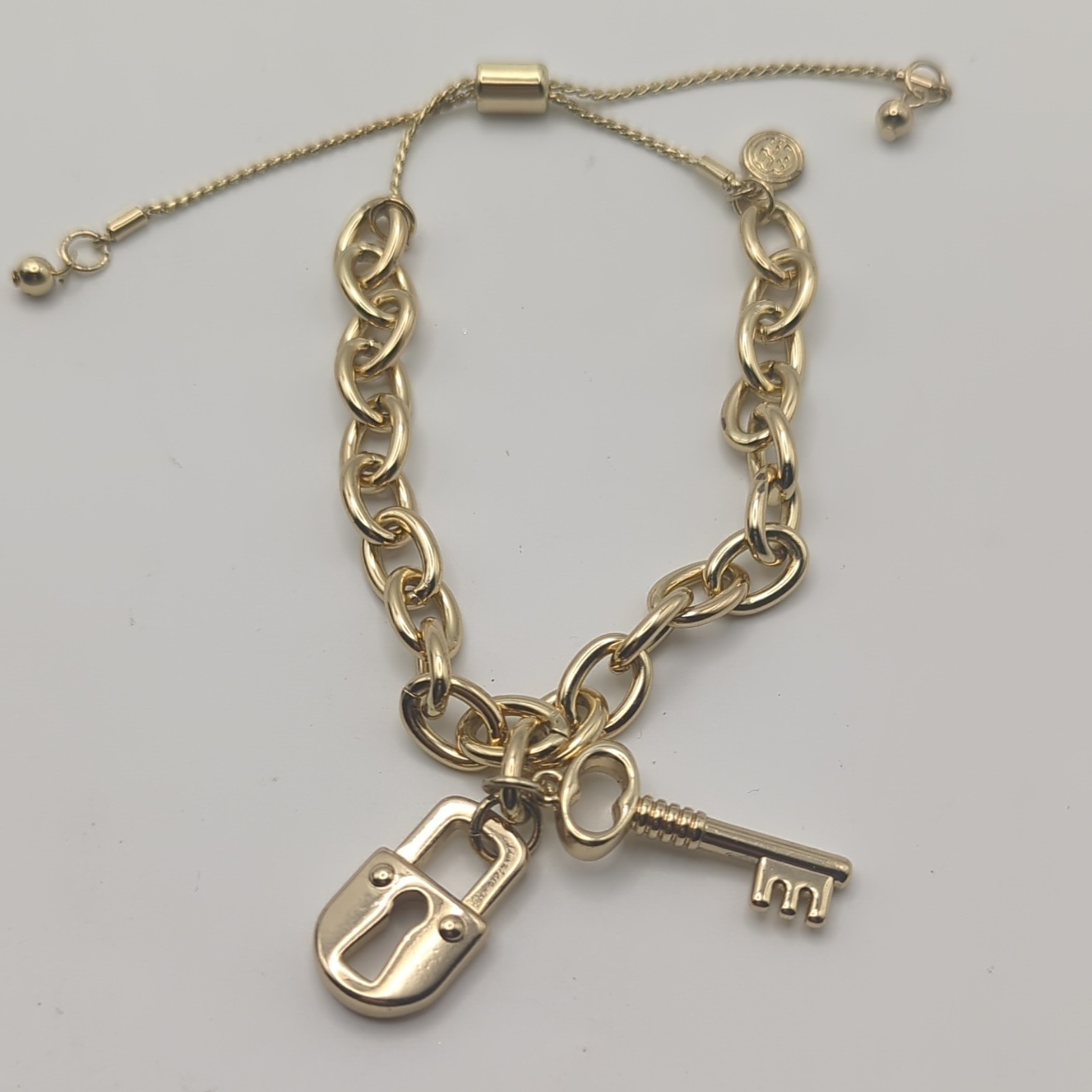 Mary Kay Gold Tone Cable Chain Charm Bracelet, Adjustable Slide, Lock & Key