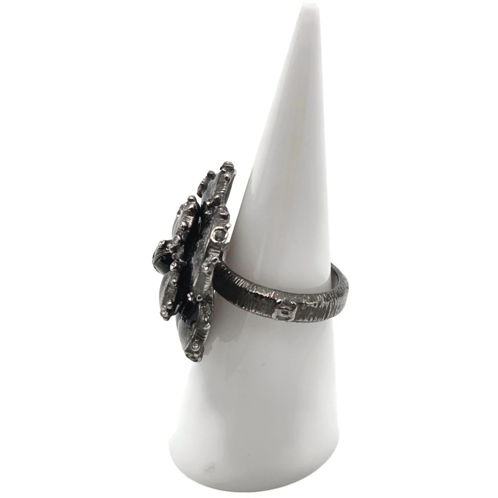 Chanel Camellia CC Ring Ruthenium Black Enamel Crystal EU 54 US 7 w/ Box 13P