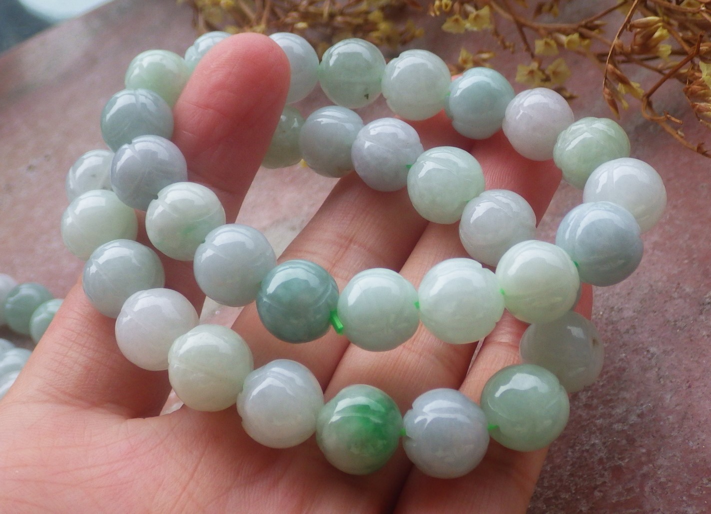 1 Pcs Green A JADE Jadeite Beads Bangle Lotus Flower Bracelet 7 inches 手链 737180