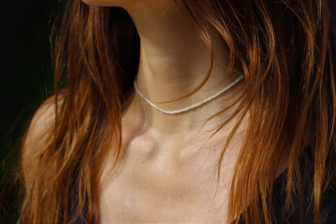2MM Natural Morganite Chakra Necklace Healing Delicate Small Beads Women Choker