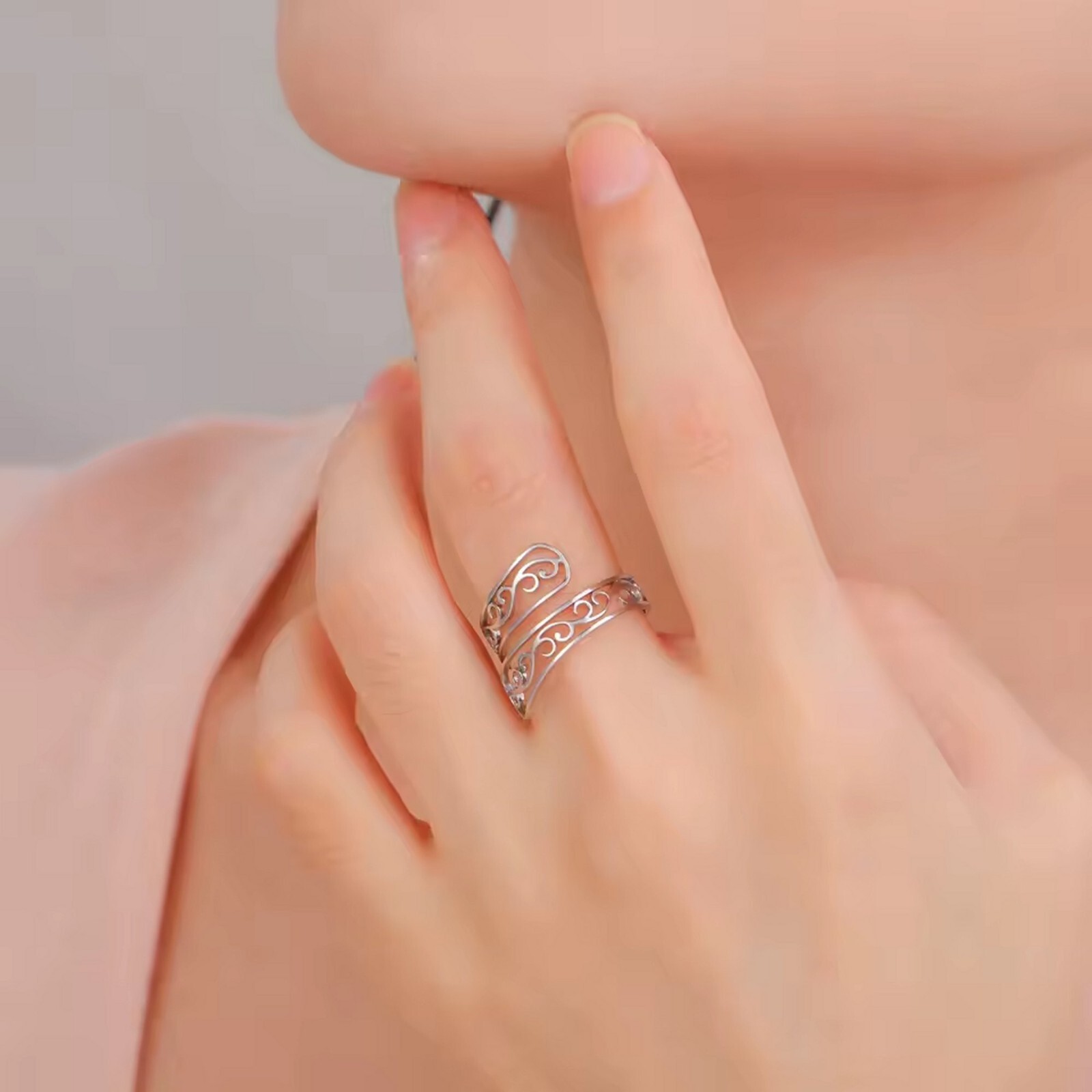Womens Bohemian Wrap Ring Silver 316L Stainless Steel Boho Filigree Spoon Band