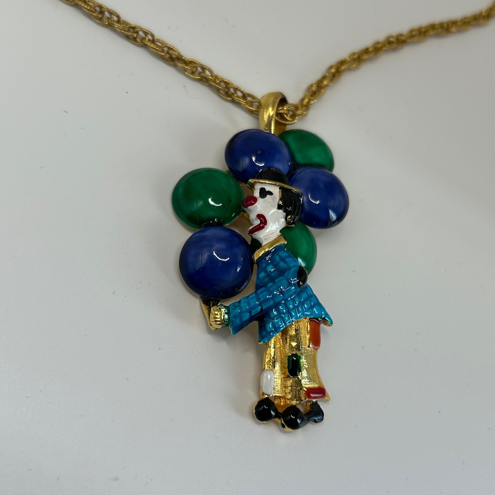Vintage Enamel Clown Balloons Pendant Necklace Gold Tone Blue Red Green Circus
