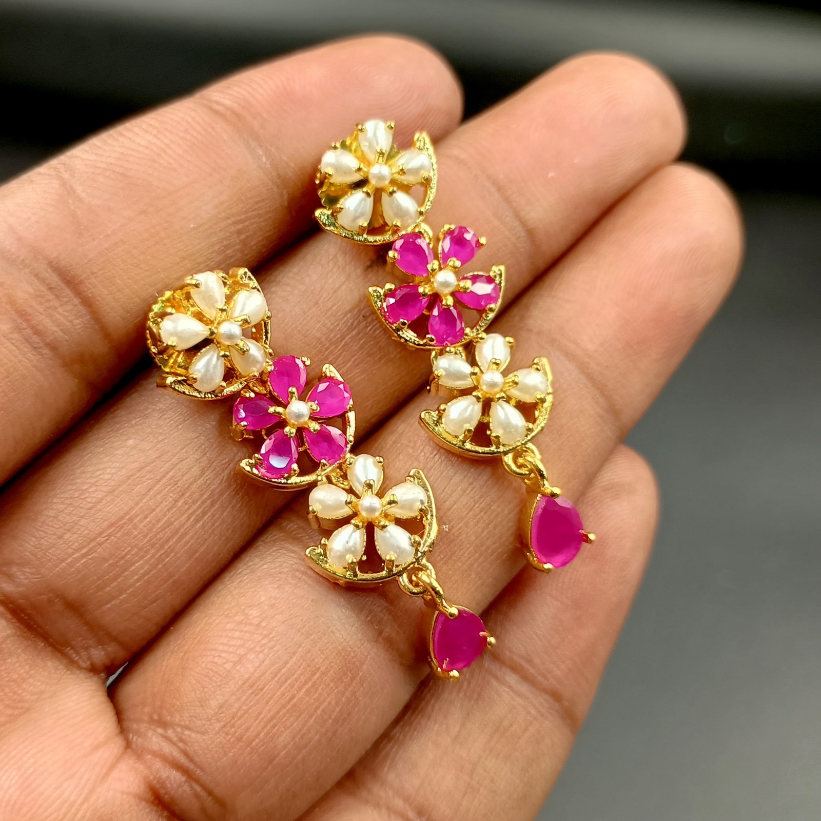 Traditional 22K Gold Plated Floral Ruby Pearl Necklace Set Statement Jewelry