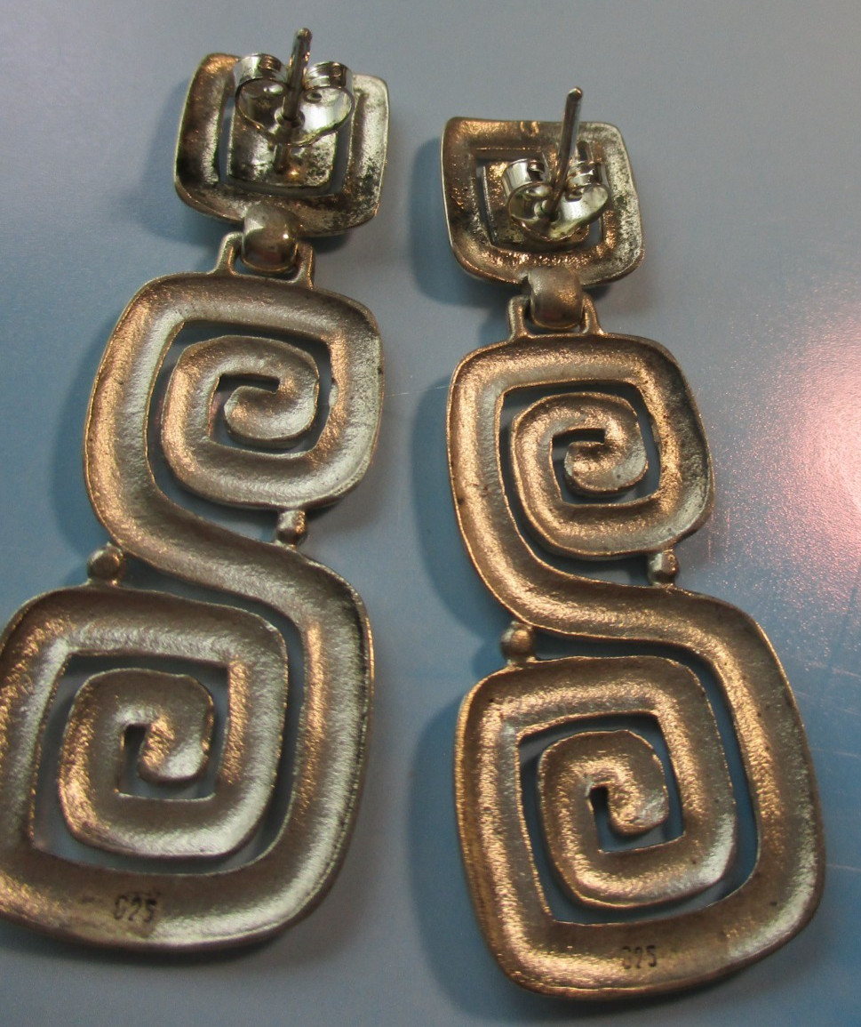 Greek Key (Meander) Jewelry Sterling Silver geometric dangle earrings, 13.1grams