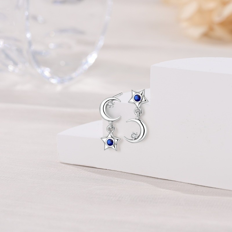 PANDACH 25 Sterling Silver Asymmetric Star & Moon Stud Earrings For Women Gifts