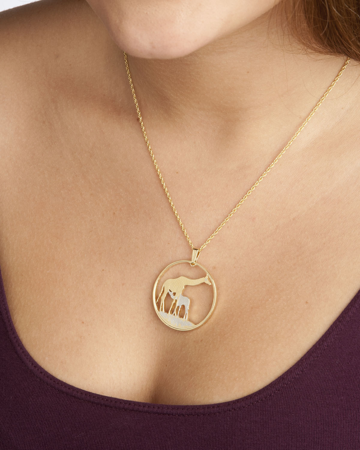 Giraffe Pendant and Necklace, Giraffe Coin Hand Cut, 1 1/4″ in Dia., ( #883 )