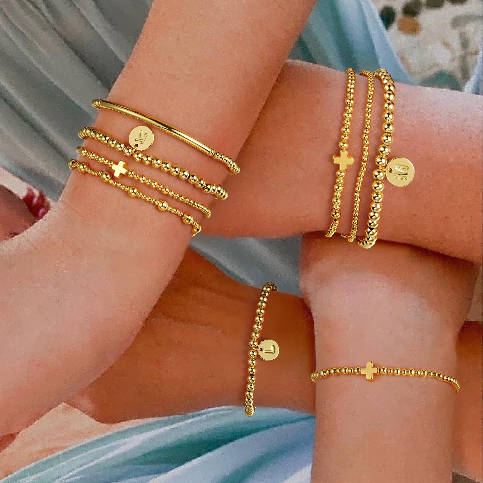 Turandoss 5PCS Cross Beaded Bracelets for Women – Dainty 18K-Gold-Plated Lett…